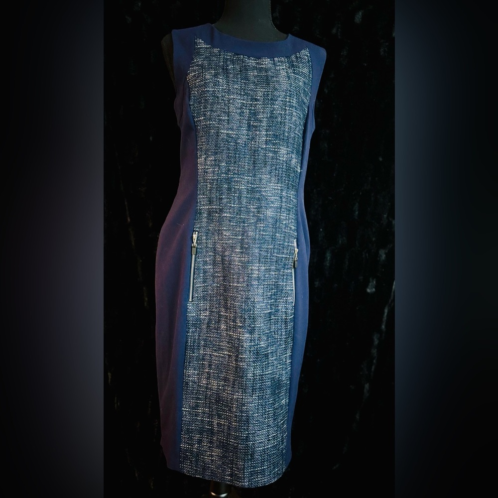 Calvin Klein lined Navy blue Tweed-zipper pockets midi dress sz 12